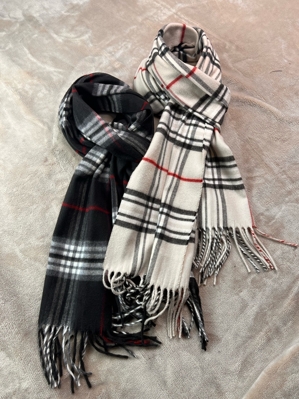 Minimalist Black and Beige Plaid Fall Scarf Shawls with Fringe - 72"